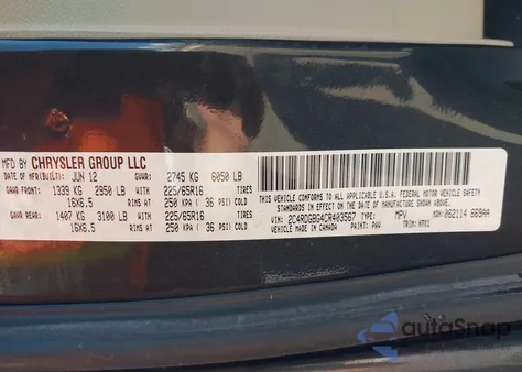 2012 Dodge Grand Caravan Se/Avp z USA, uszkodzony, nr VIN 2C4RDGBG4CR403567